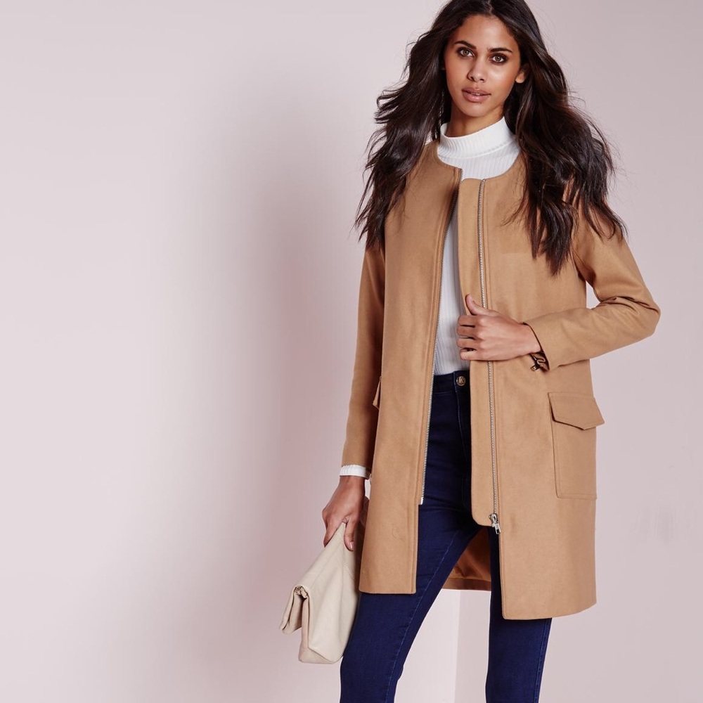 Collarless Zip Wool Jacket Camel